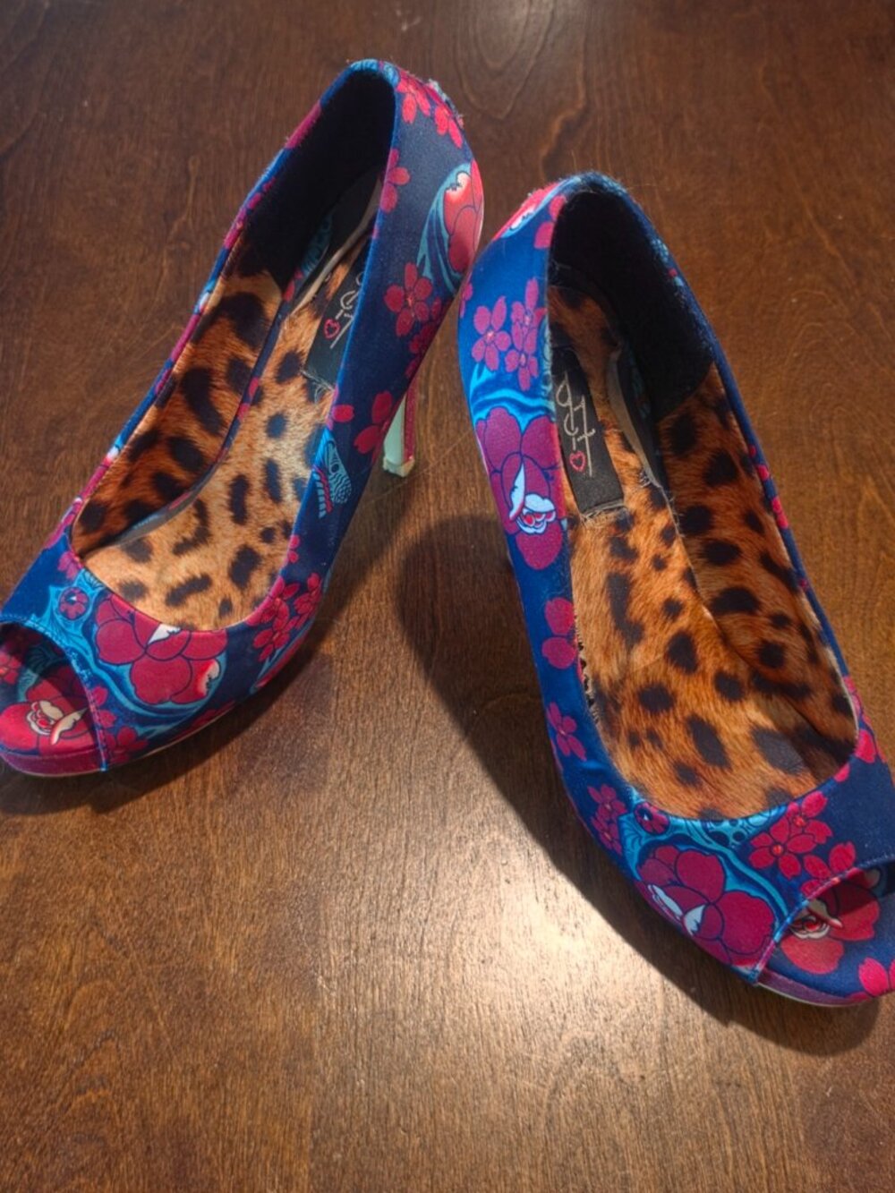 Iron Fist Blue Floral Peep‑Toe Heels — Leopard Lining — Rare Print — Size 9